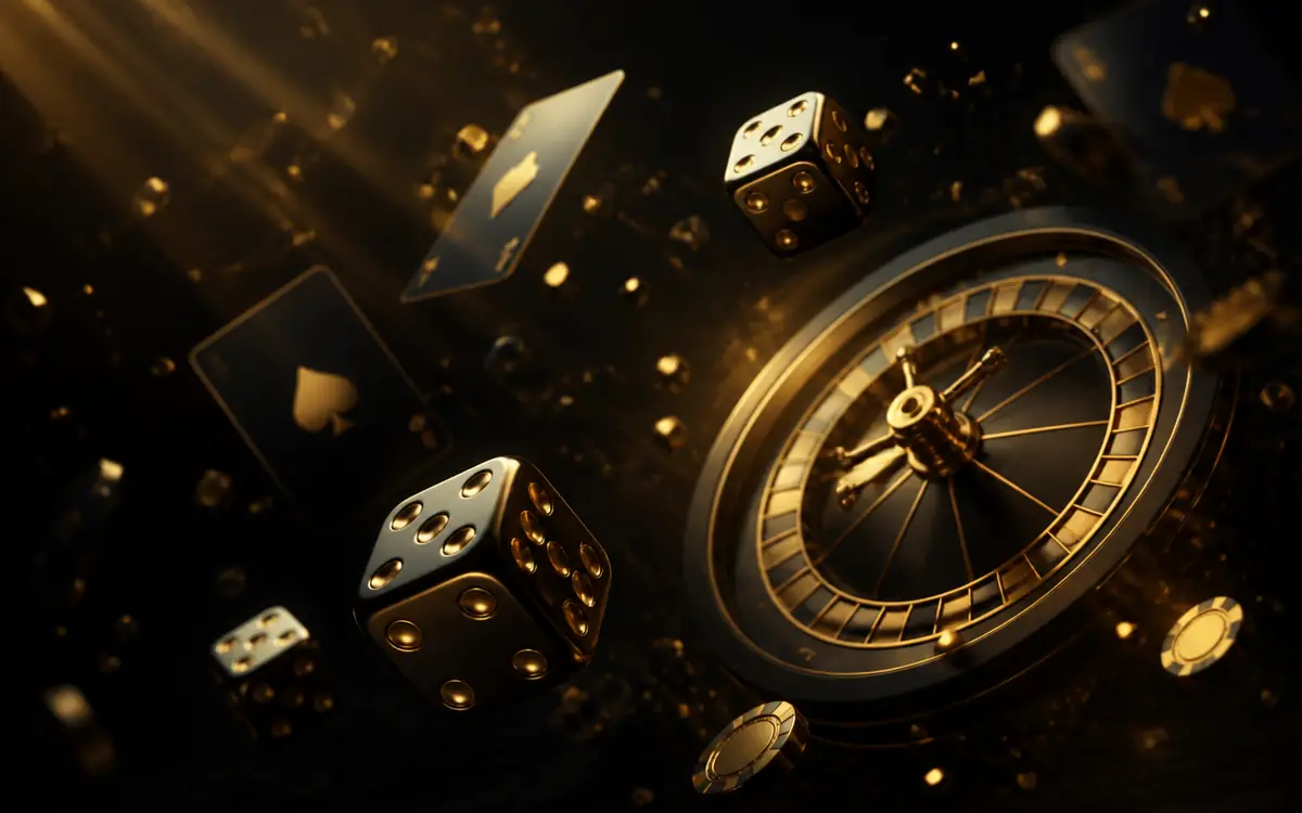 6PPP flagship game artwork with golden dice, cards and a wheel on a dark background