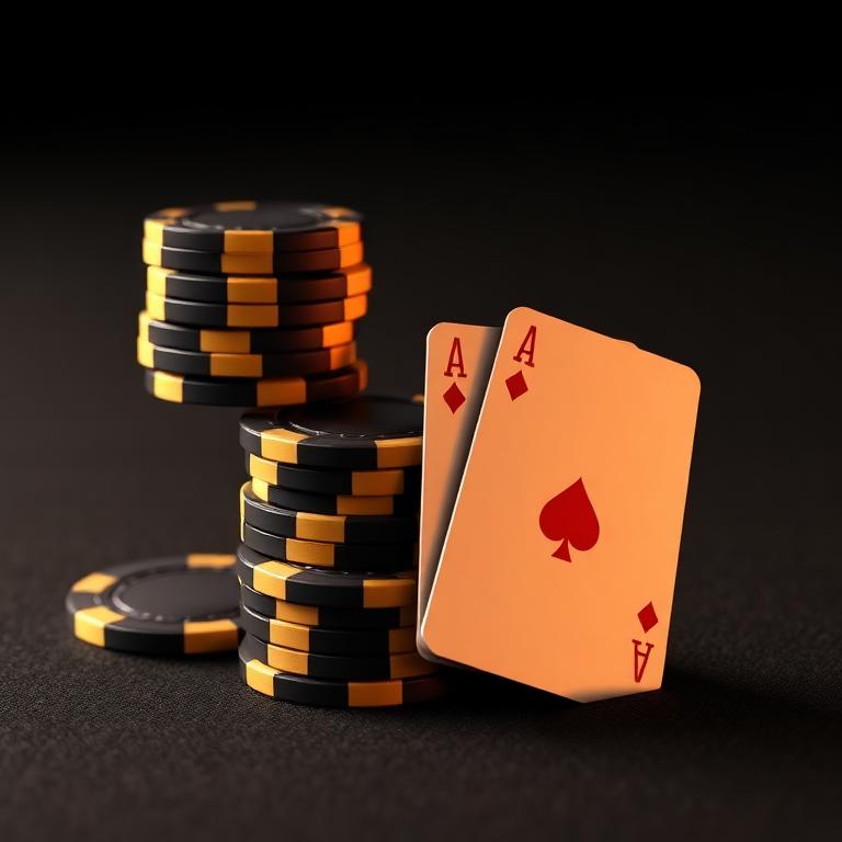 Stacks of black and gold chips beside two ace cards, poker game thumbnail