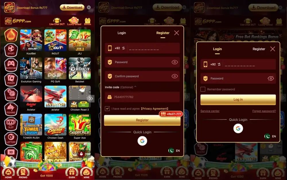 Hand holding an Android phone displaying a dark gaming interface with gold accents